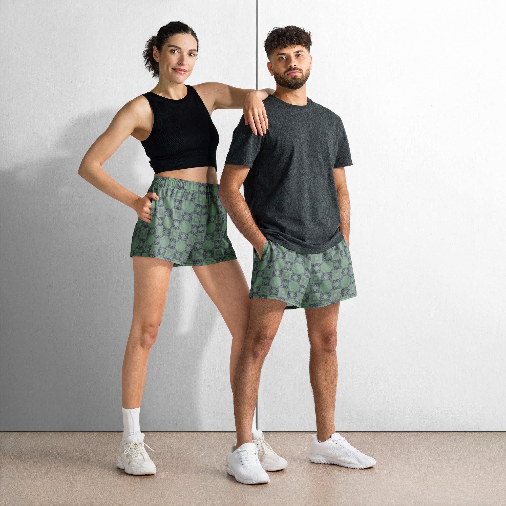 promo image of a man and woman wearing the same shorts